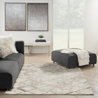Ivory Grey Abstract Modern Geometric Rug Easy To Clean Living Room And Bedroom-274Cm X 366Cm