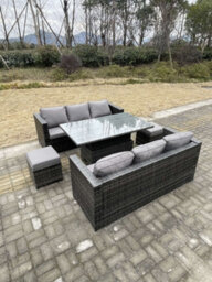 Fimous 8 Seater Outdoor Rattan Sofa Set Garden Furniture Adjustable Rising Lifting Dining Table Footstools Dark Grey Mixed - thumbnail 3