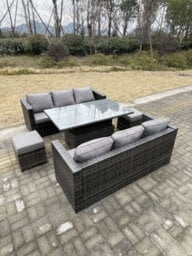 Fimous 8 Seater Outdoor Rattan Sofa Set Garden Furniture Adjustable Rising Lifting Dining Table Footstools Dark Grey Mixed - thumbnail 1