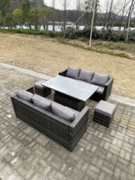 Fimous 8 Seater Outdoor Rattan Sofa Set Garden Furniture Adjustable Rising Lifting Dining Table Footstools Dark Grey Mixed - thumbnail 2
