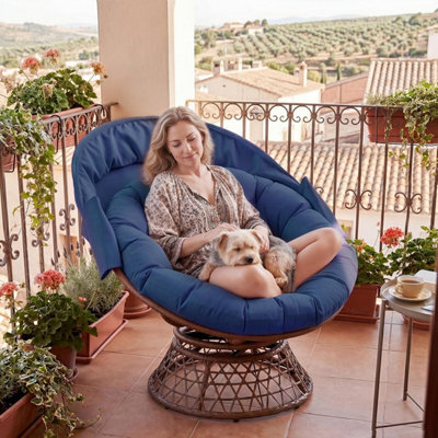 Comhoma Outdoor Papasan Chair With Canopy, Wicker Rattan Egg Moon Chair With Cushion, Patio Lounge Chair For Garden, Blue - image 1