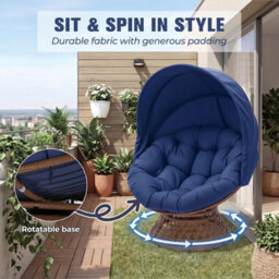 Comhoma Outdoor Papasan Chair With Canopy, Wicker Rattan Egg Moon Chair With Cushion, Patio Lounge Chair For Garden, Blue - thumbnail 5