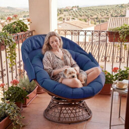 Comhoma Outdoor Papasan Chair With Canopy, Wicker Rattan Egg Moon Chair With Cushion, Patio Lounge Chair For Garden, Blue