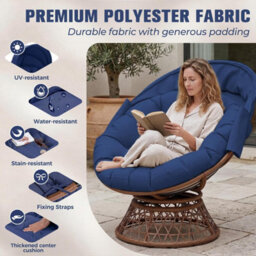 Comhoma Outdoor Papasan Chair With Canopy, Wicker Rattan Egg Moon Chair With Cushion, Patio Lounge Chair For Garden, Blue - thumbnail 4
