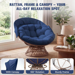 Comhoma Outdoor Papasan Chair With Canopy, Wicker Rattan Egg Moon Chair With Cushion, Patio Lounge Chair For Garden, Blue - thumbnail 7