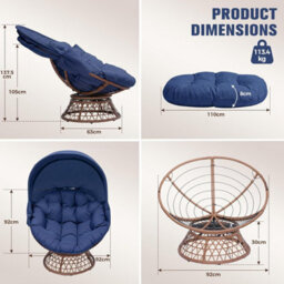 Comhoma Outdoor Papasan Chair With Canopy, Wicker Rattan Egg Moon Chair With Cushion, Patio Lounge Chair For Garden, Blue - thumbnail 2
