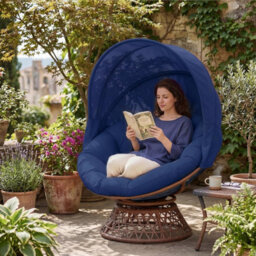 Comhoma Outdoor Papasan Chair With Canopy, Wicker Rattan Egg Moon Chair With Cushion, Patio Lounge Chair For Garden, Blue - thumbnail 3