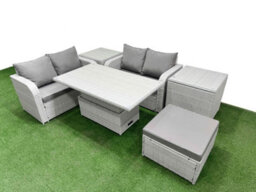 Fimous 5 Seater Outdoor Love Sofa Set Rattan Garden Furniture Set Adjustable Lifting Table Big Footstool 2 Side Tables Light Grey - thumbnail 2