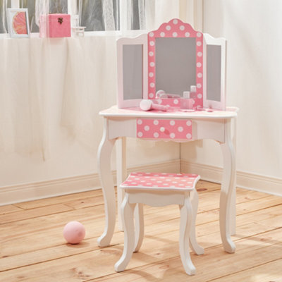 Teamson Kids Play Vanity Table Set, Children's Dressing Table With Mirror & Stool, Polka Dots, Pink/white - image 1