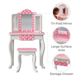 Teamson Kids Play Vanity Table Set, Children's Dressing Table With Mirror & Stool, Polka Dots, Pink/white - thumbnail 8