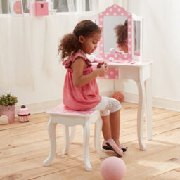 Teamson Kids Play Vanity Table Set, Children's Dressing Table With Mirror & Stool, Polka Dots, Pink/white - thumbnail 2