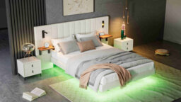 Btm Upholstered Double Bed 5Ft, Velvet, Storage Headboard With Lamps, Charging Port, Underbed Light, White - thumbnail 8