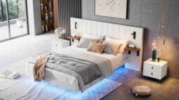 Btm Upholstered Double Bed 5Ft, Velvet, Storage Headboard With Lamps, Charging Port, Underbed Light, White - thumbnail 7