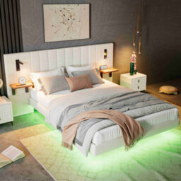 Btm Upholstered Double Bed 5Ft, Velvet, Storage Headboard With Lamps, Charging Port, Underbed Light, White - thumbnail 3