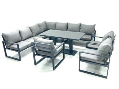 Fimous 10 Seater Outdoor Aluminum Garden Furniture Set Corner Sofa 3 Chairs Adjustable Rising Lifting Dining Table Sets