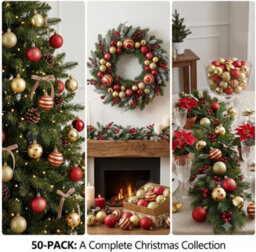 Amorly 50Pcs 4Cm Mini Christmas Ball Ornaments, Red And Gold In 8 Styles, Shatterproof Baubles With Hanging Loops For Xmas Tree Decor - thumbnail 3