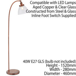 Curved Arm Floor Lamp Aged Copper Tall Free Standing Metal Retro Reading Light - thumbnail 2