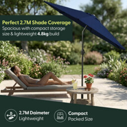 Keplin 2.7M Tilting Parasol Umbrella With Crank & Tilt, Steel Frame Sun Shade With Cover, 180G Uv-Resistant Polyester,  Navy Blue - thumbnail 6