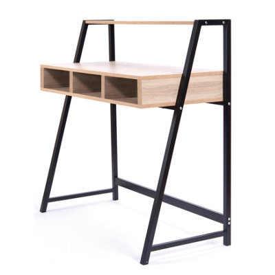RB UK Nautilus Designs Oak Computer Desk With Black Frame & Upper Storage Shelf - image 1