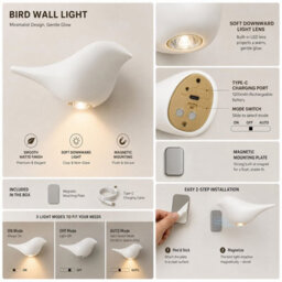 Amorly White Bird Wall Sconce, Rechargeable Motion Sensor Wireless Wall Light, For Bedroom, Hallway, Stairway, Entryway (Left Facing) - thumbnail 8