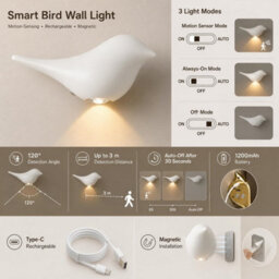 Amorly White Bird Wall Sconce, Rechargeable Motion Sensor Wireless Wall Light, For Bedroom, Hallway, Stairway, Entryway (Left Facing) - thumbnail 7