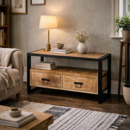 Wyld Haus Toivakka Industrial Reclaimed Wood Tv Unit With Iron Edging And 2 Drawers - thumbnail 1