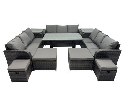 Fimous 13 Seater Garden Outdoor Rattan Furniture Set Rattan Sofa Oblong Dining Table With 2 Side Table 4 Footstools Dark Grey - image 1