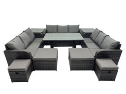 Fimous 13 Seater Garden Outdoor Rattan Furniture Set Rattan Sofa Oblong Dining Table With 2 Side Table 4 Footstools Dark Grey - thumbnail 1