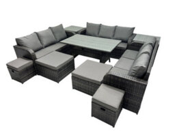 Fimous 13 Seater Garden Outdoor Rattan Furniture Set Rattan Sofa Oblong Dining Table With 2 Side Table 4 Footstools Dark Grey - thumbnail 2