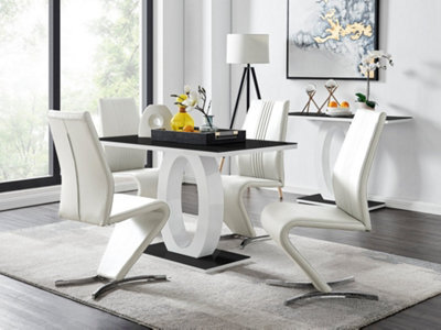 Furniturebox Giovani Rectangular 4 Seat White High Gloss Unique Halo Structural Dining Table Black Glass Top 4 White Faux Leather Willow Chairs - image 1