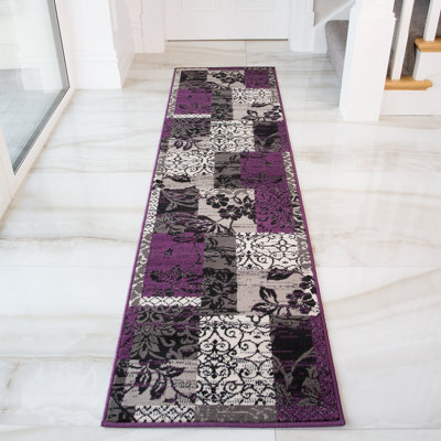 Loomed Purple Black Grey Floral Patchwork Living Room Runner Rug 60X240Cm - image 1