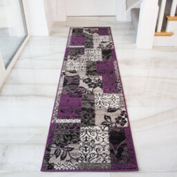 Loomed Purple Black Grey Floral Patchwork Living Room Runner Rug 60X240Cm - thumbnail 1