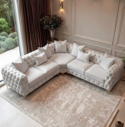 Sofaya Monaco 5 Seater Light Grey Chesterfield Corner Chaise Sofa Velvet L Shaped - Deep Buttoned Upholstery Couch - thumbnail 6