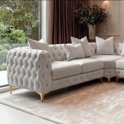 Sofaya Monaco 5 Seater Light Grey Chesterfield Corner Chaise Sofa Velvet L Shaped - Deep Buttoned Upholstery Couch - thumbnail 4