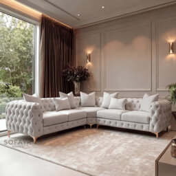 Sofaya Monaco 5 Seater Light Grey Chesterfield Corner Chaise Sofa Velvet L Shaped - Deep Buttoned Upholstery Couch - thumbnail 1