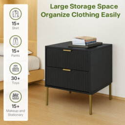 Home Treats Ridged Bedside Table Black Wooden 2 Drawer Side Table Gold Handles 63 X 50 X 40 Cm - thumbnail 5