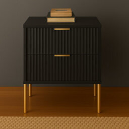 Home Treats Ridged Bedside Table Black Wooden 2 Drawer Side Table Gold Handles 63 X 50 X 40 Cm - thumbnail 3