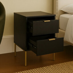 Home Treats Ridged Bedside Table Black Wooden 2 Drawer Side Table Gold Handles 63 X 50 X 40 Cm - thumbnail 2