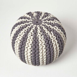 Homescapes Off White And Grey Knitted Pouffe Striped Footstool 35 X 40 Cm - thumbnail 3