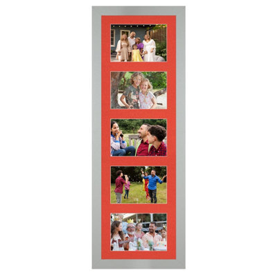 AK Frames 26X8 Light Grey Modern Multi Photo Frame With Poppy Red Mount - Holds 5 Apertures (5X) 6X4 Photos - image 1