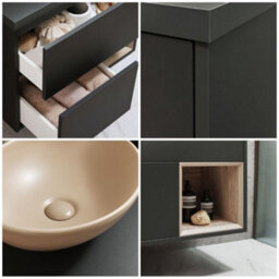 Homestylestore Black Grey 800mm Wall Hung Bathroom Vanity Unit Oval Sand Countertop Basin Open Shelf - thumbnail 2