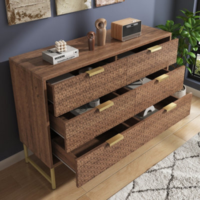 Btm Walnut Embossed Sideboard With 6 Drawers, Anti-Tip, For Living Room, Hallway, Bedroom, Children's Room, 120Cm