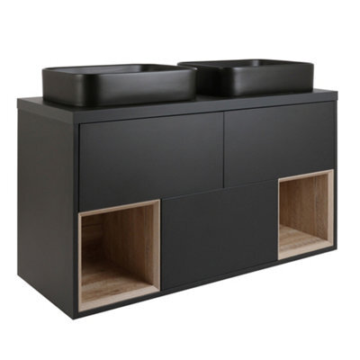 Homestylestore Black Grey 1200mm Wall Hung Bathroom Vanity Unit Rectangular Graphite Countertop Basins Open Shelves - image 1
