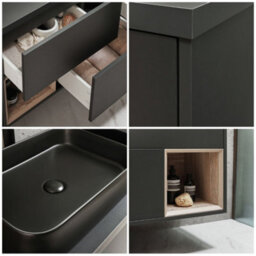 Homestylestore Black Grey 1200mm Wall Hung Bathroom Vanity Unit Rectangular Graphite Countertop Basins Open Shelves - thumbnail 2