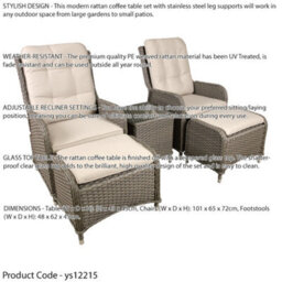 Loops 3Pc Garden Reclining Bistro Set - Rattan Wicker - Outdoor Chairs & Coffee Table - thumbnail 2
