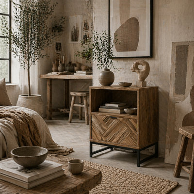 Wyld Haus Kazi Brown Wood-Effect Bedside Table With Drawer, Open Shelf And Metal Legs 40 X 40 X 52 Cm - image 1