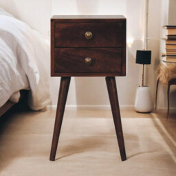 Artisan Furniture Solid Wood  Mini California Walnut Bedside, 2-Drawers, Nordic Legs, Dark Brown - thumbnail 1