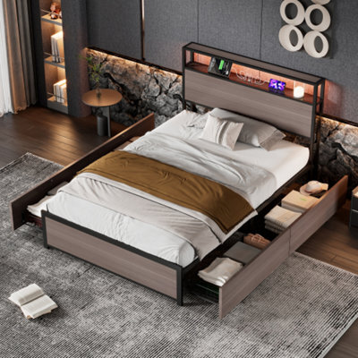 Metal Bed, 3Ft Single Bed 90X190Cm, With Led Light Strip And 4 Drawerss, 2 Usb Port+1 Type C, Wrought Iron Bed, Grey - image 1