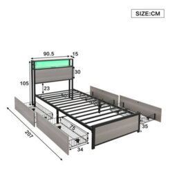 Metal Bed, 3Ft Single Bed 90X190Cm, With Led Light Strip And 4 Drawerss, 2 Usb Port+1 Type C, Wrought Iron Bed, Grey - thumbnail 2