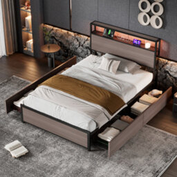 Metal Bed, 3Ft Single Bed 90X190Cm, With Led Light Strip And 4 Drawerss, 2 Usb Port+1 Type C, Wrought Iron Bed, Grey - thumbnail 1